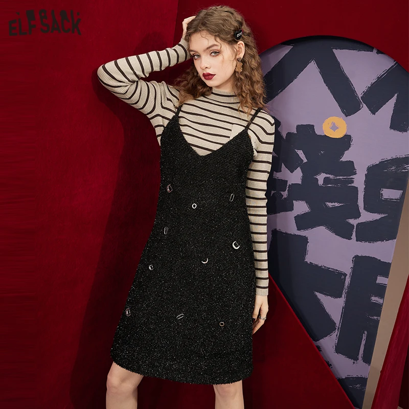 

ELFSACK Metallic Glitter Black Spaghetti Strap Knitted Dress Women 2022 Autumn/Winter Elegant Dresses