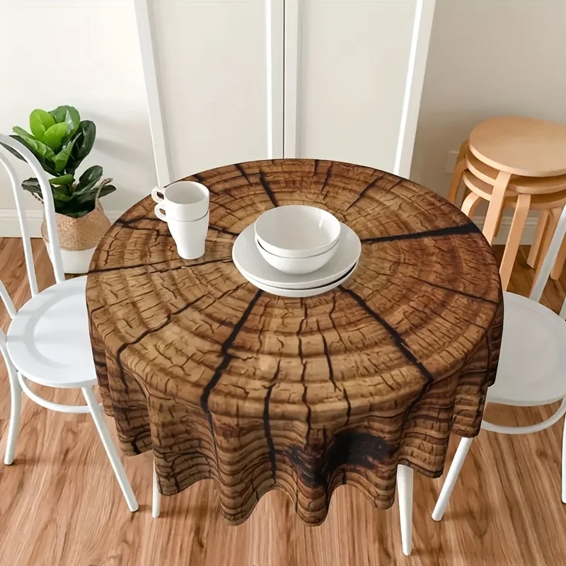 1pc Wooden Post Annual Ring Kitchen Dining Round Tablecloth, Multiple Sizes, Plaid Material