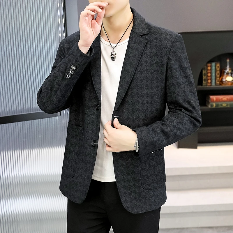 

New Men's Fashion Business Gentleman Elegant British Style Print Slim-fit Casual Trend Letter Wedding Korean Blazer