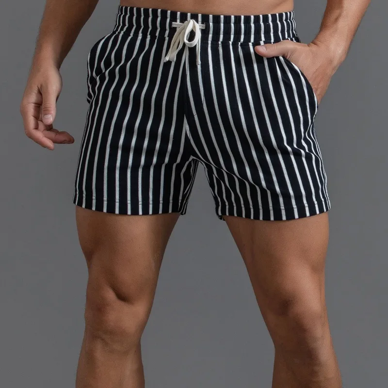 Summer Men's Sports Shorts New Regular Cotton Moisture Wicking Vertical Stripes Large Size Straight 3 Point Pants