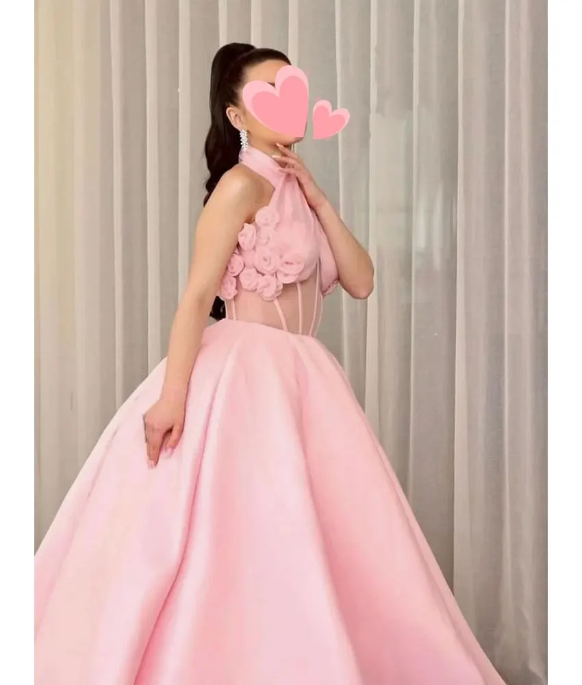 

Customized Graceful Satin A-Line 3D Flowers Evening Dress High Quality Sleeveless Halter Floor Length فساتين سهرات