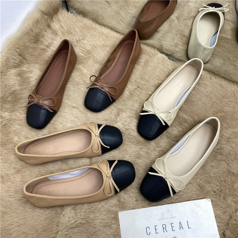 Bows Classic Sle Flats Flats Female New Spring and Autumn New Arrival Square Toe Low-Cut Plus Size 4 Lazy Doug Shoes