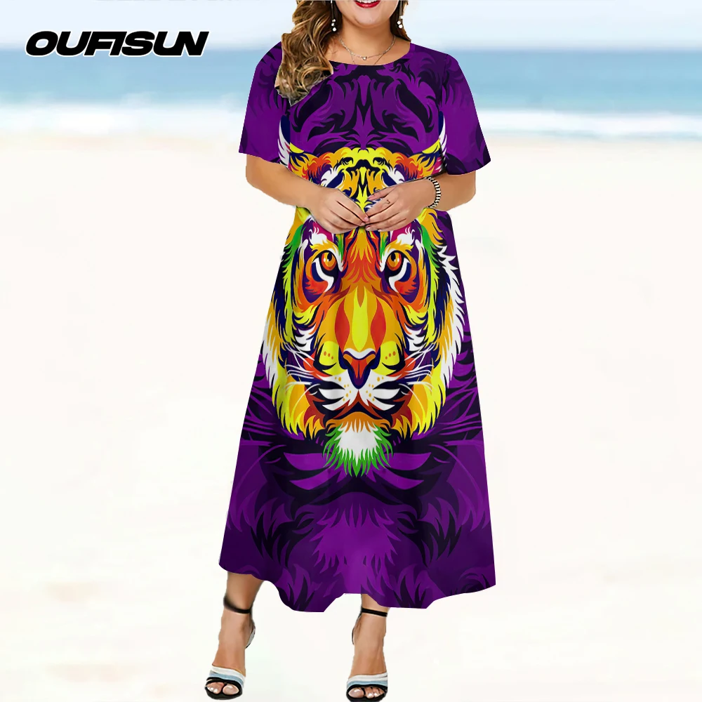 ฤดูร้อนผู้หญิงชุดยาวรอบคอชุด 2025 ผู้หญิงแขนสั้นใหม่สบายๆเสื้อผ้าสัตว์Tigerพิมพ์ผู้หญิงเสื้อผ้า