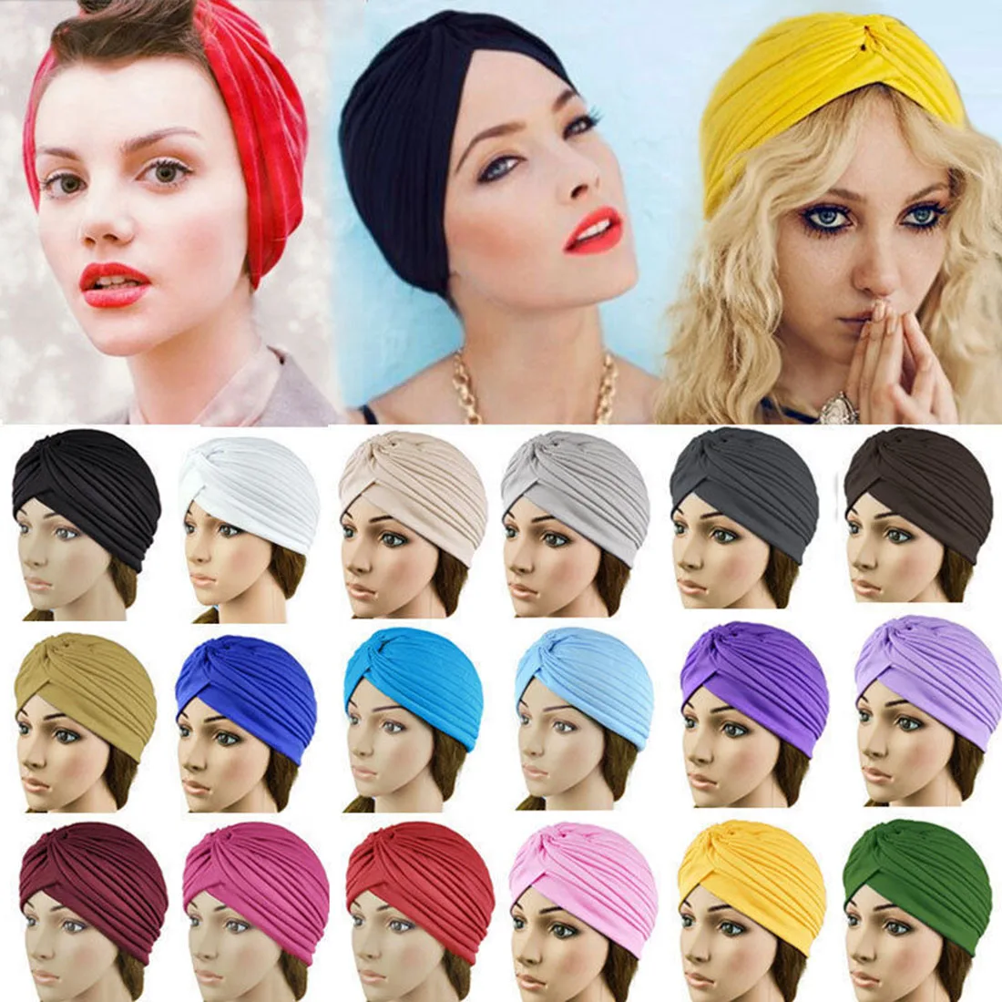 Women Stretchy Turban Muslim Hat Bandanas Sleep Night Cap Beanie Bonnet Hair Loss Chemo Caps Adult Head Wrap Bandana Indian Cap