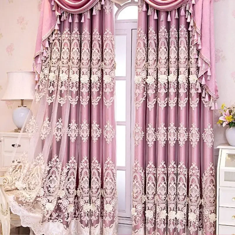 European Double Layer Embroidered Tulle Cloth, Luxury Blackout Curtain, High-End Fabric Curtains for Living Room and Bedroom