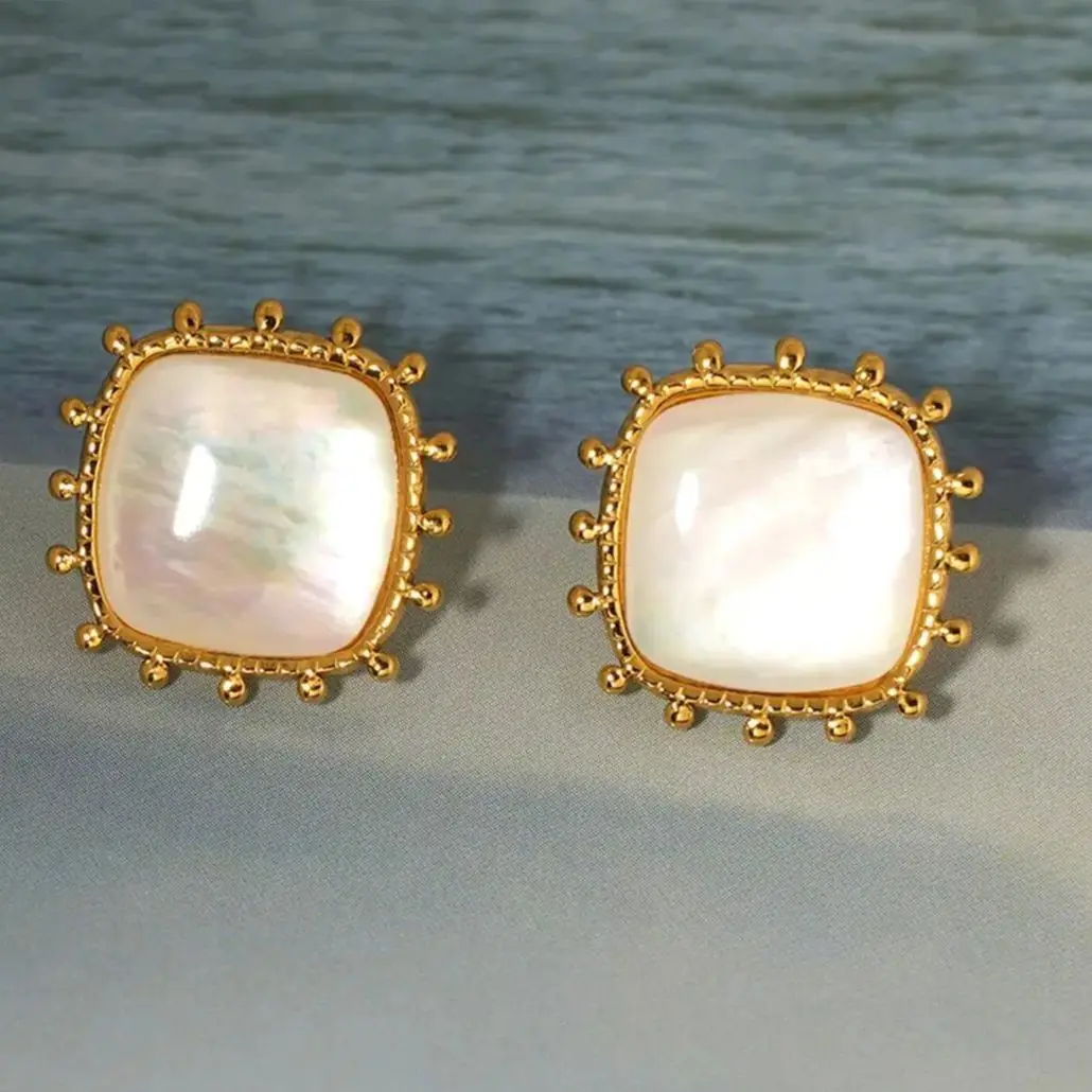 

Delicate Square White Pearl Shell 18K Gold Plated Stud Earrings Geometry Stainless Steel Vacation Beach Jewelry for Women Gifts