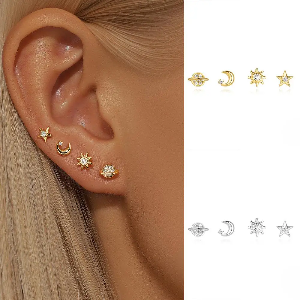 4PCS Minimalist Sun Moon Star Planet Stud Earring Set Stainless Steel Ear Piercing Earring for Women Simple Stud Earring Jewelry