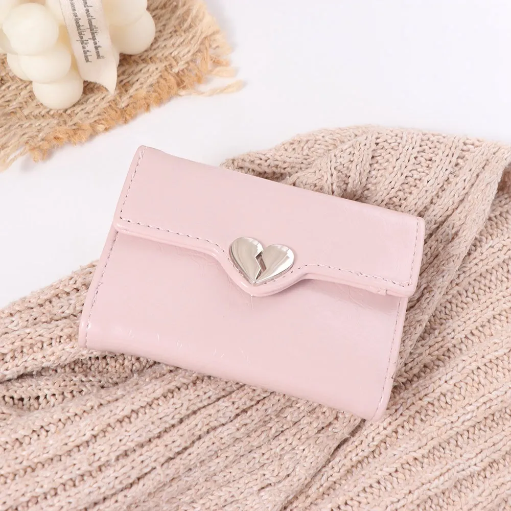 Portable Korean Crack Heart Wallet Short High Quality Women's Leather Wallet PU Leather Fold Student Purse Ladies