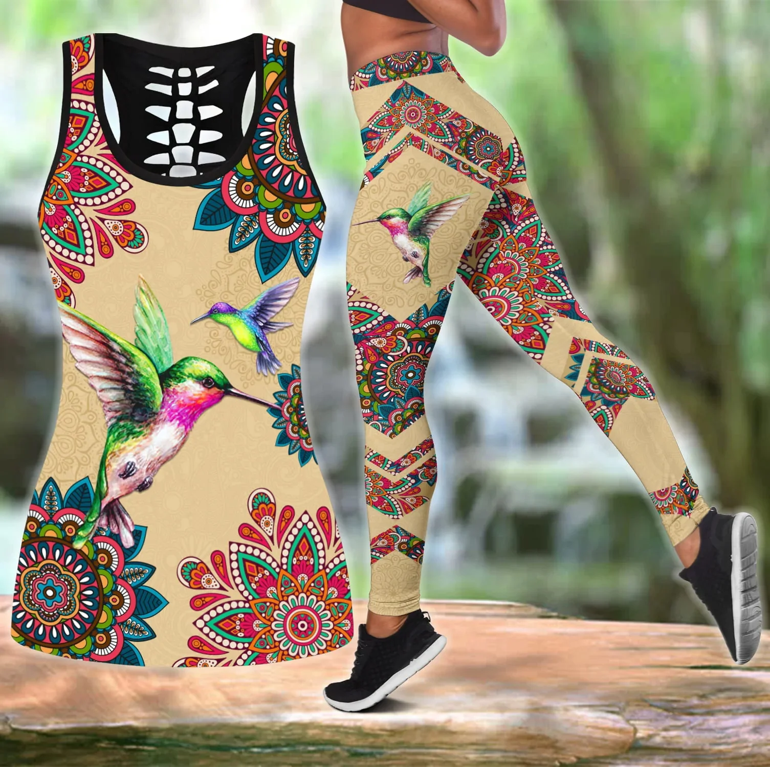 Miłość kolibry kwiaty 3D drukowane Hollow Tank Top i komplet legginsów Fitness kobiece legginsy pełnej długości spodnie do biegania DDK102