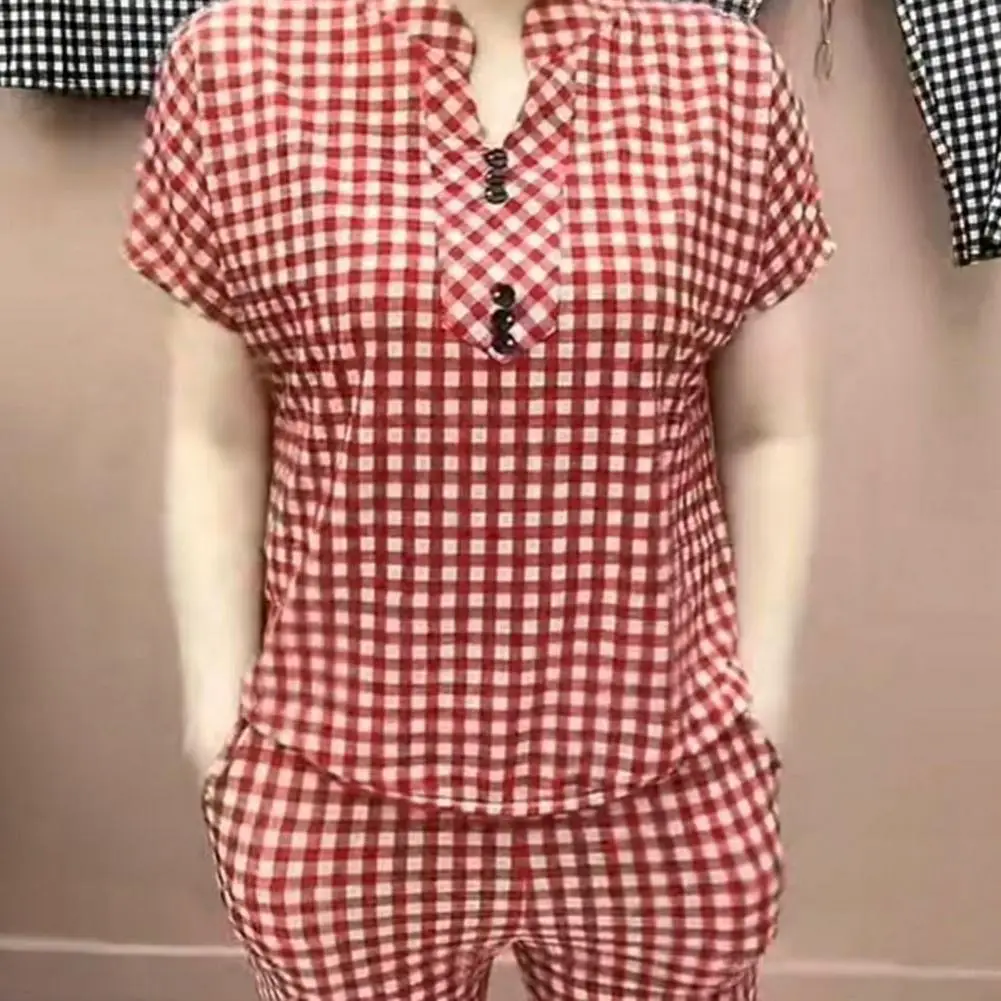 

Lightweight Polyester Suit Women Outfit Women’s Plaid Two-piece Set Button Short Sleeve Top Cropped Skinny Pants Summer