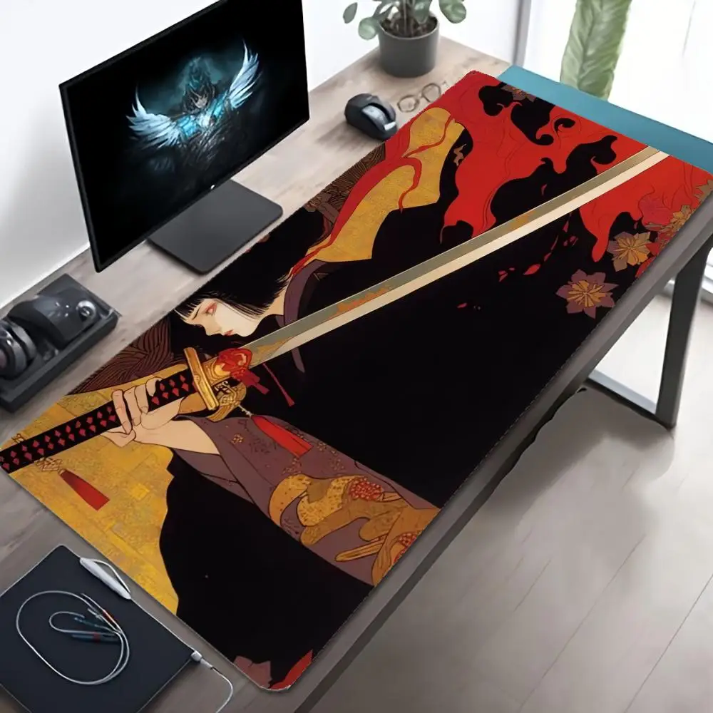XXL Japanese Samurai Girl Mouse Pad Anime Katana Warrior Desk Mat Non Slip Rubber Base Gaming Keyboard Mat for Laptop PC Office