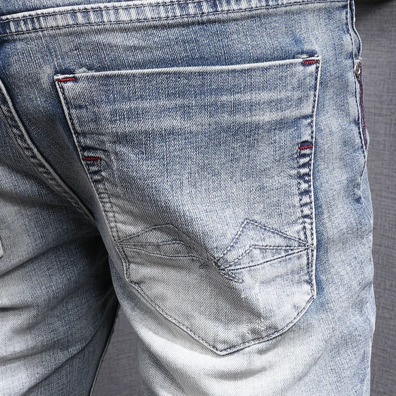 Italian Style Fashion Men Jeans Retro Light Blue Stretch Slim Fit Ripped Jeans Men Vintage Patched Designer Casual Pants Hombre