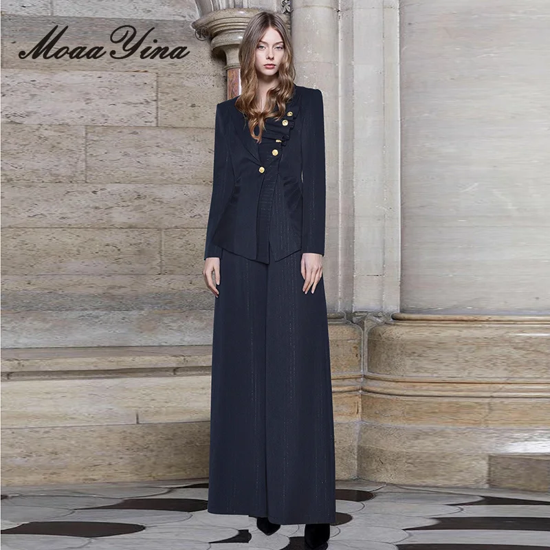 

MoaaYina для женщин, осень 2021, новый стиль, однобортный облегающий костюм, топ с длинными рукавами, широкие брюки, модный комплект из двух предметов