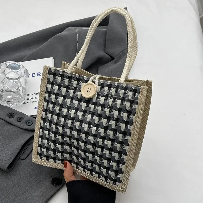 Women Woven Handbag Tote Bag Korean Style Ladies Button Handheld Linen Bags Button/Zipper Handheld Linen Bags Small Shopping Bag