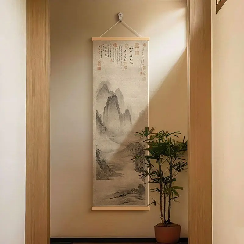 Wall Art Soft Mountain Landscape Pearlescent Canvas Hanging Scroll with Wooden Rods for Tea Room Office and Entryway