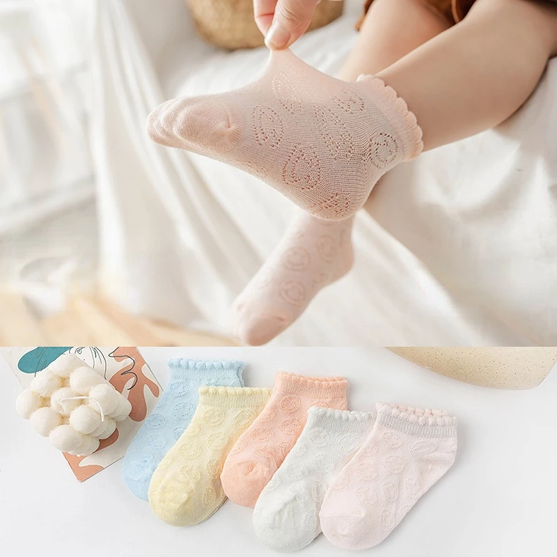 5 Pairs Spring Summer Children Cloth For Baby Boys Girls By Comfortable Soft Cotton Short Tube Mesh Lace Rib Socks