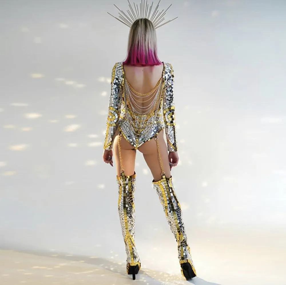Silver Mirror Bodysuit Women Drag Queen Outfit Nightclub Gogo Stage Costume Carnival Halloween Clothes Party Show Wear yj074