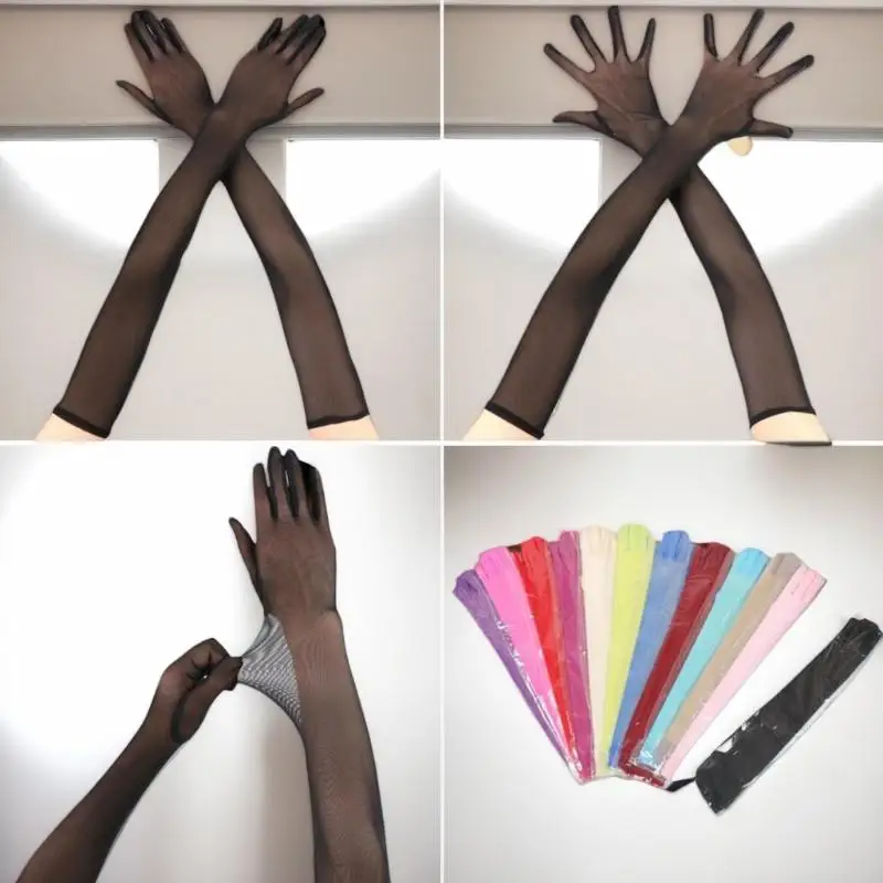 

55CM Sexy Lace Thin Hollow Transparent Long Gloves Breathable Net Yarn Women Man Stage Performance Party Cosplay ElasticityHot