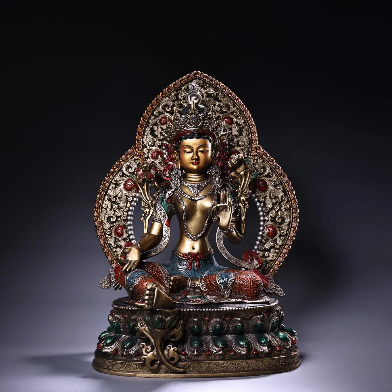 Old Copper Painted Gold Highlight Green Tara Statue Serene Face Heavy Patina Fine Craftsmanship
