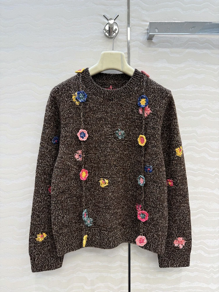 

Autumn winter New style Sweater Round neck Applique Knitting Cashmere Material Woman brown Retro Pullover