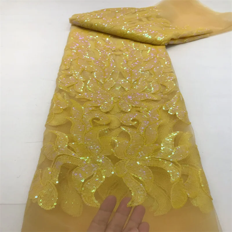 

Yellow High Quality Sequins Lace Hot Sale Embroidery French Tulle Lace Fabric Nigerian Lace Fabric For Wedding Dress