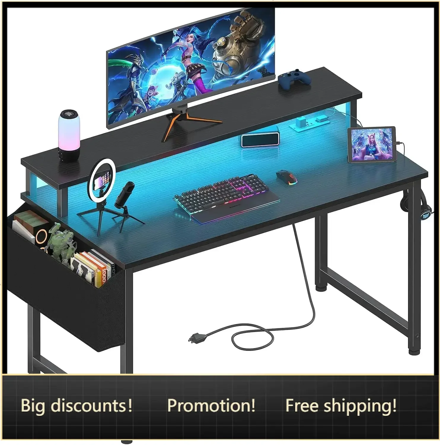 

BestsellerBlack Gaming Desk With LED Lights And Power Outlets, 40 Inch Teen Writing Study Table Home Office Desks With Monitor S
