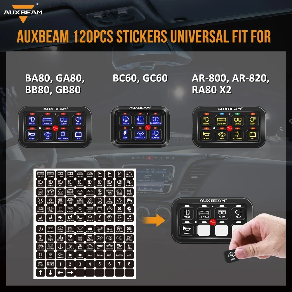 AUXBEAM Switch Panel Accessories 120/160Pcs Stickers for AR-800 AR-820 RC-800 AC-800 BA80 BB80 RB80 DIY Switch Panel Label Decal