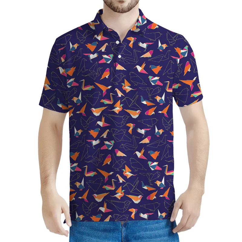 Красочные рубашки-поло с рисунком оригами и птицами, футболка с 3d принтом для мужчин, топы, летняя футболка оверсайз, Повседневная рубашка с лацканами и короткими рукавами