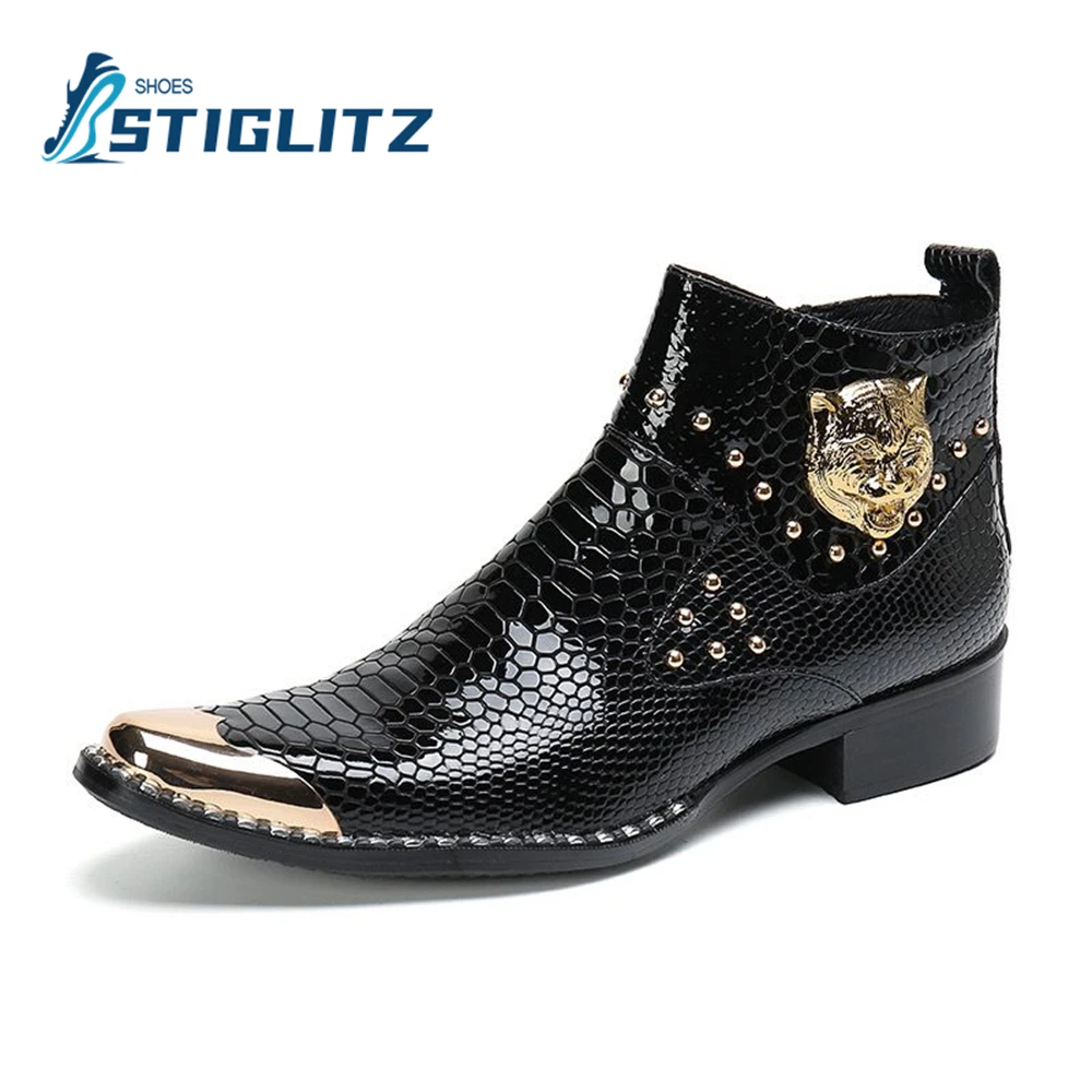 Solid Python Luxury Leather Boots Metal Iron Toe Rivets Tiger Head Fashion Men\'s Boots Men\'s Formal Genuine Leather Casual Shoes