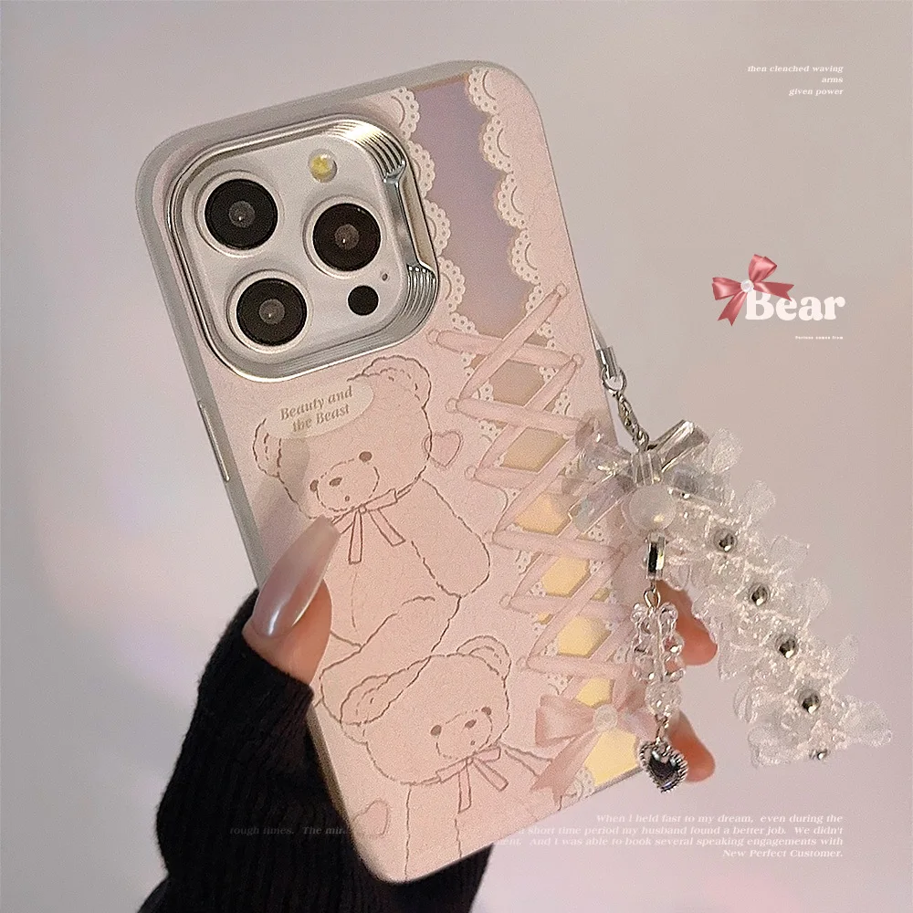 

Pink Cute Bear Phone Case with Lanyard for iPhone 15 14 11 13 12 Pro Max Plus Girly Glitter Phone Case Cover