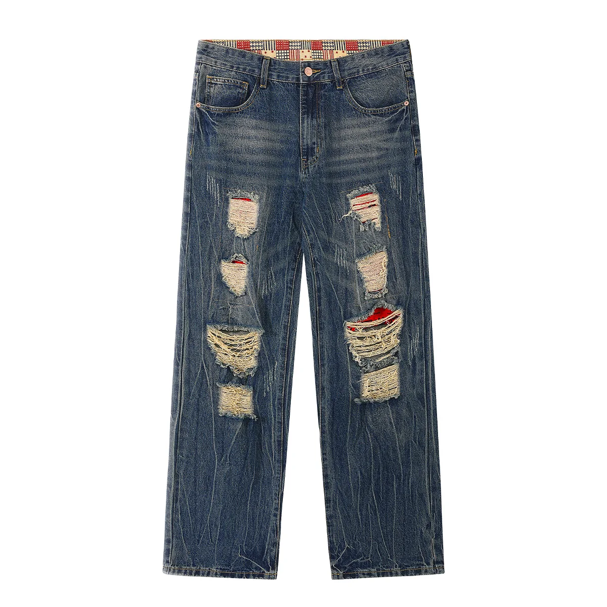 

Men's Ripped Jeans Vintage Distressed Baggy Denim Pants Hip Hop Streetwear Red Patchwork Loose Fit Trousers