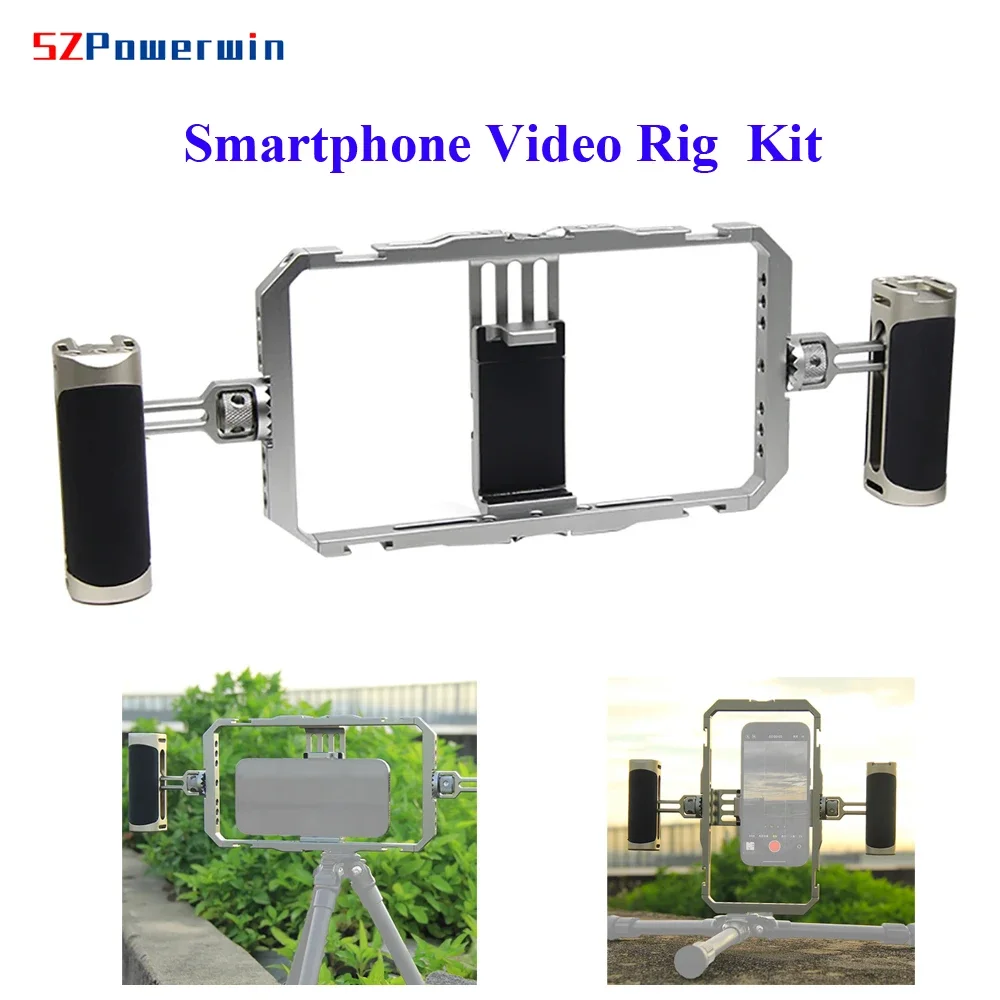Powerwin Universal Smartphone Cage Aluminum Alloy Video Rig Kit Dual Hanlde Phone Filmmaking Case Cold Shoe Mount Live Streaming
