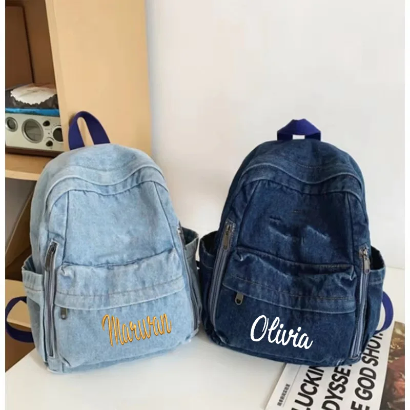 Mochila de mezclilla para niñas, mochila Retro Para bordado personalizado, mochila informal para estudiantes, bolsa de viaje con cremallera, nueva