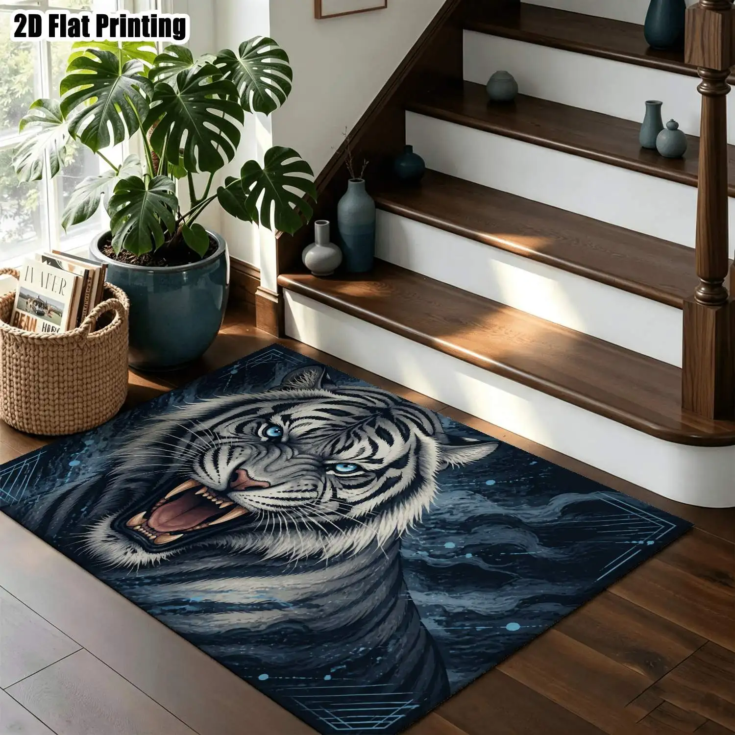 1Pc 2D Printed Carpet: Blue-Grey Abstract Art Tiger Pattern, Modern Minimalist/Vintage/Geometric Striped Style, Machine Washable, Multi-Size, Ideal for Home Decoration, Living Room, Bedroom, Dining Room & Entrance