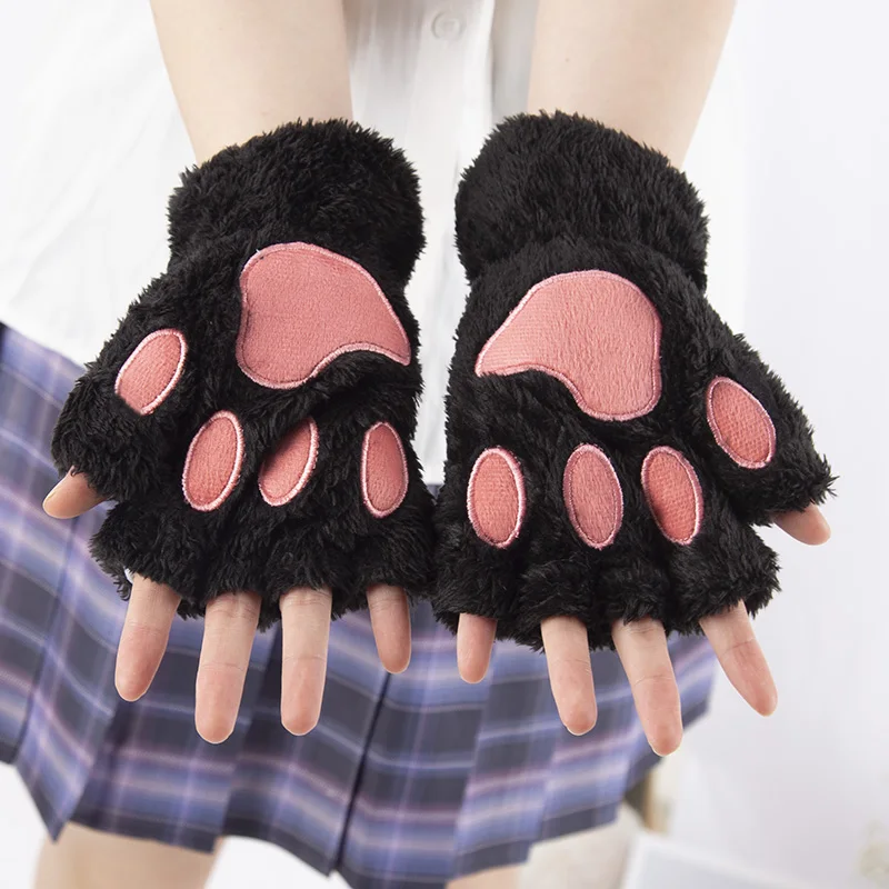 Girl's Christmas Gift Bear Claw Cat Claw Half Finger Plush Glove Winter Student Writing with Plush Dew Finger Warmth Half Finger