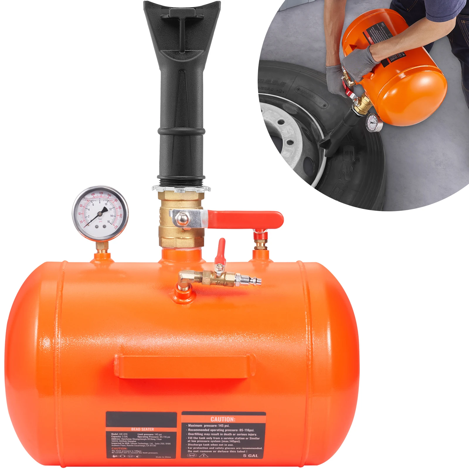 SucceBuy Tire Bead Blaster سعة 5 جالون / 19 لتر تتضمن مقياس الضغط والمقبض 145 رطل لكل بوصة مربعة خزان نفخ أقصى، لشاحنة السيارة ATV