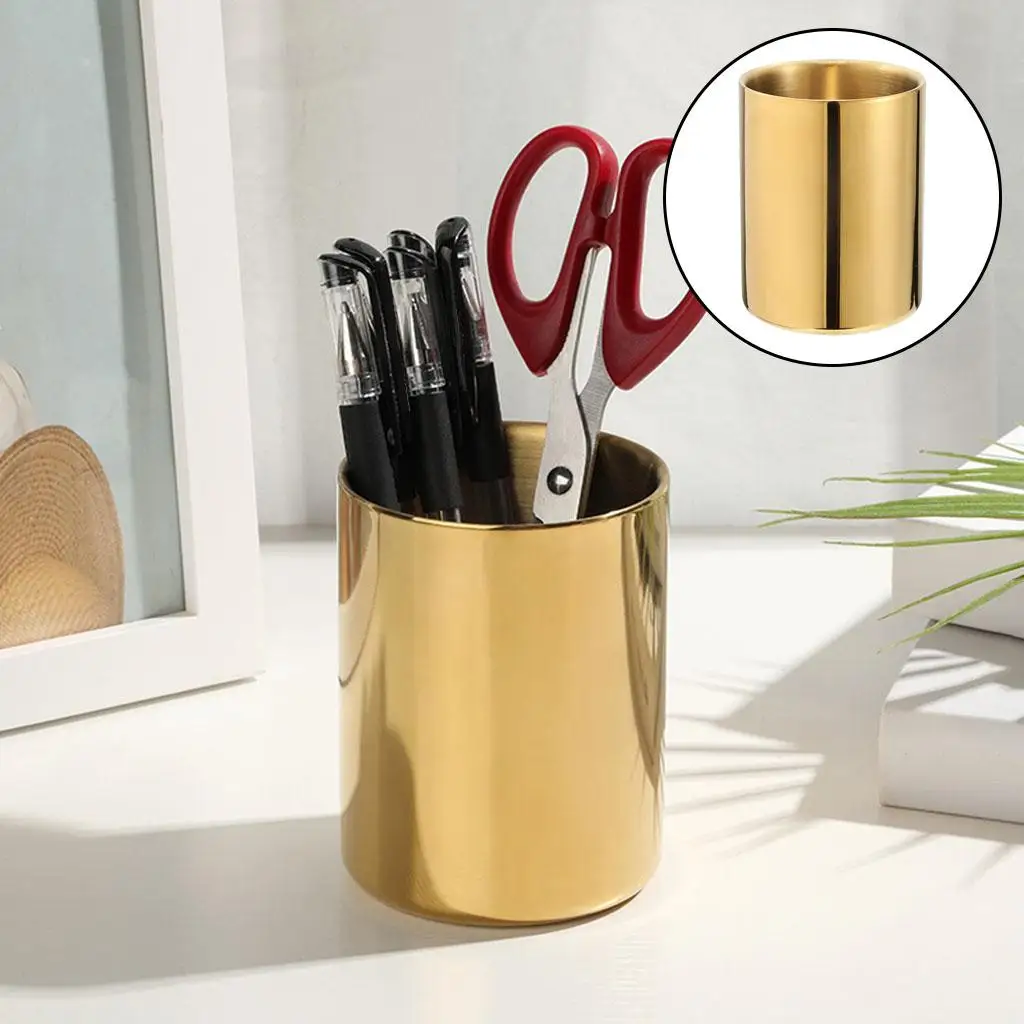 Gold Pencil Cup Holder Double Walled Stainless Steel Desk Pen Holder for Vanity