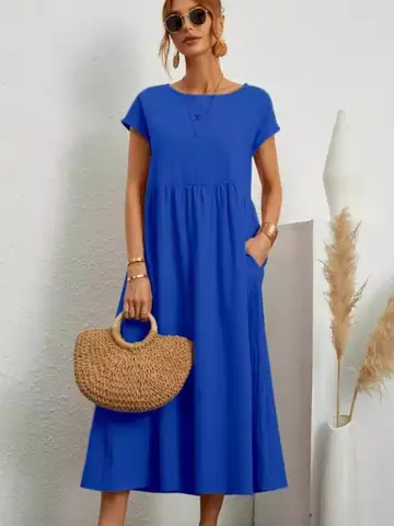 Abito longuette bianco casual a maniche corte da donna, girocollo estivo, in cotone e lino, abiti lunghi larghi vintage con tasche Y2K