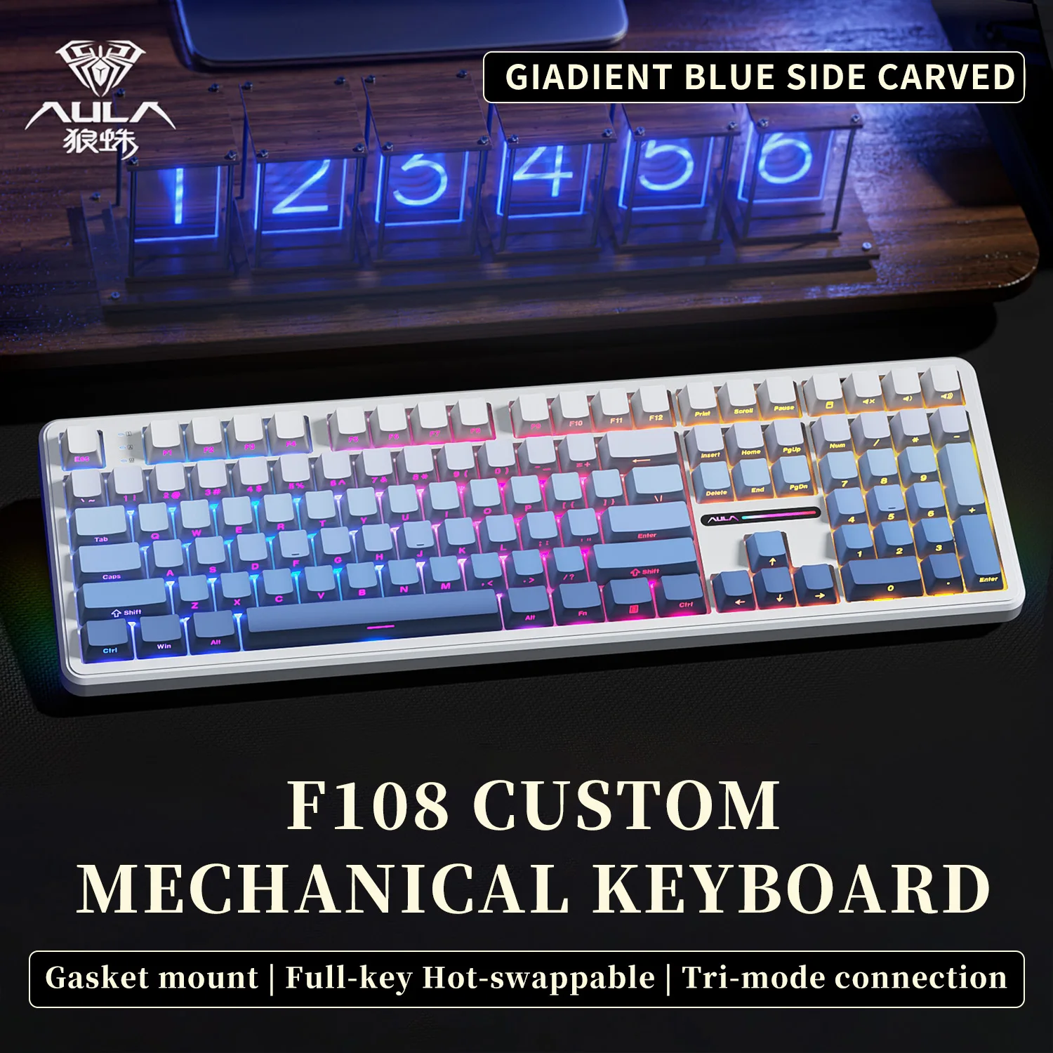 AULA F108 PRO 기계식 키보드 커스텀 100% 레이아웃 RGB 백라이트 무선 블루투스 하이파이 스위치 게이밍 키보드 썸네일 10