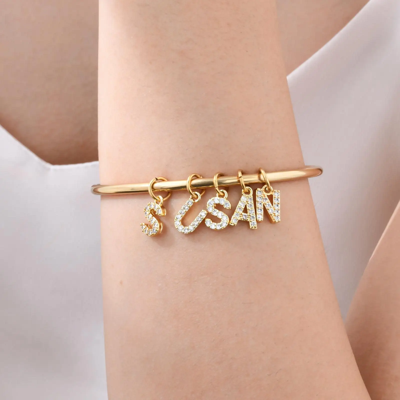 

DOREMI Personalized Name Bangles for Women Girls 9mm Letters Full Zircon Initial Name Charms Bracelets Bangle