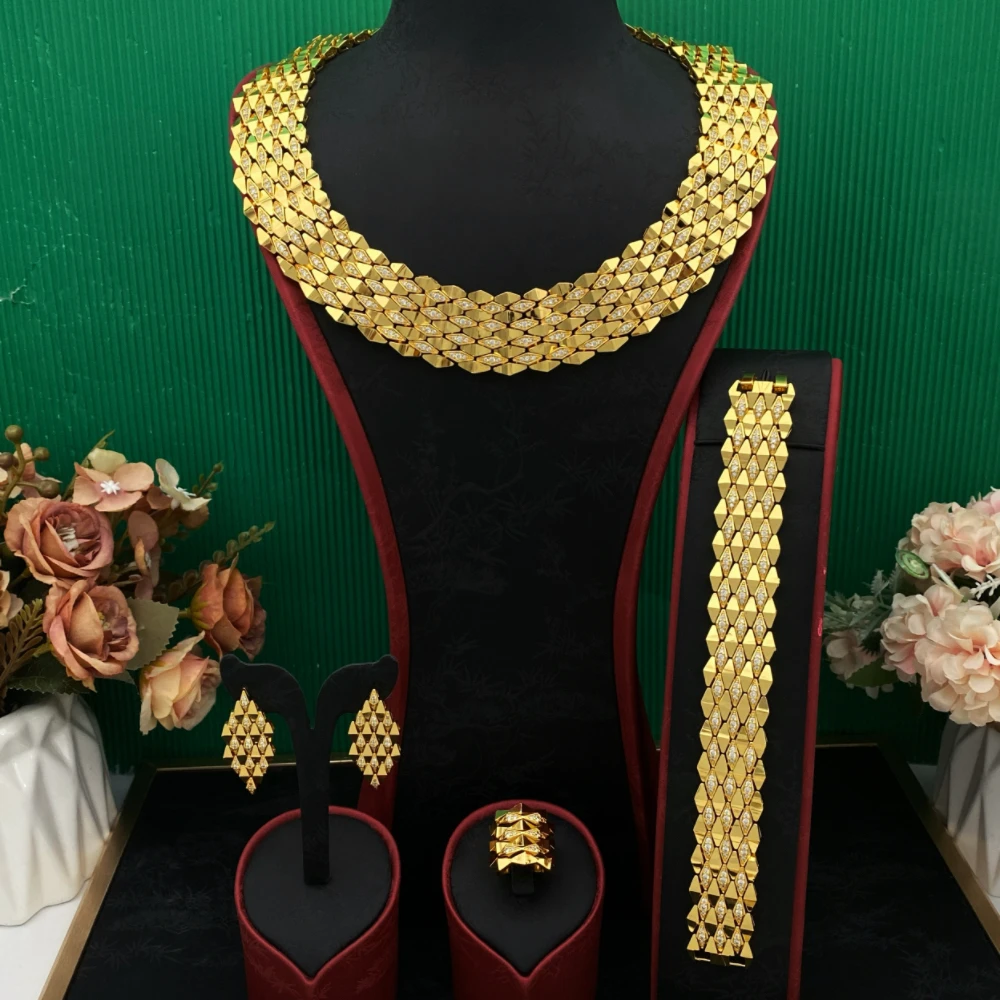 

JRH Elegant Gold Plated Copper Zirconia 4-Piece Jewelry Set for Banquet Wear Bracelet Ring Necklace Earrings Advanced Minimalist