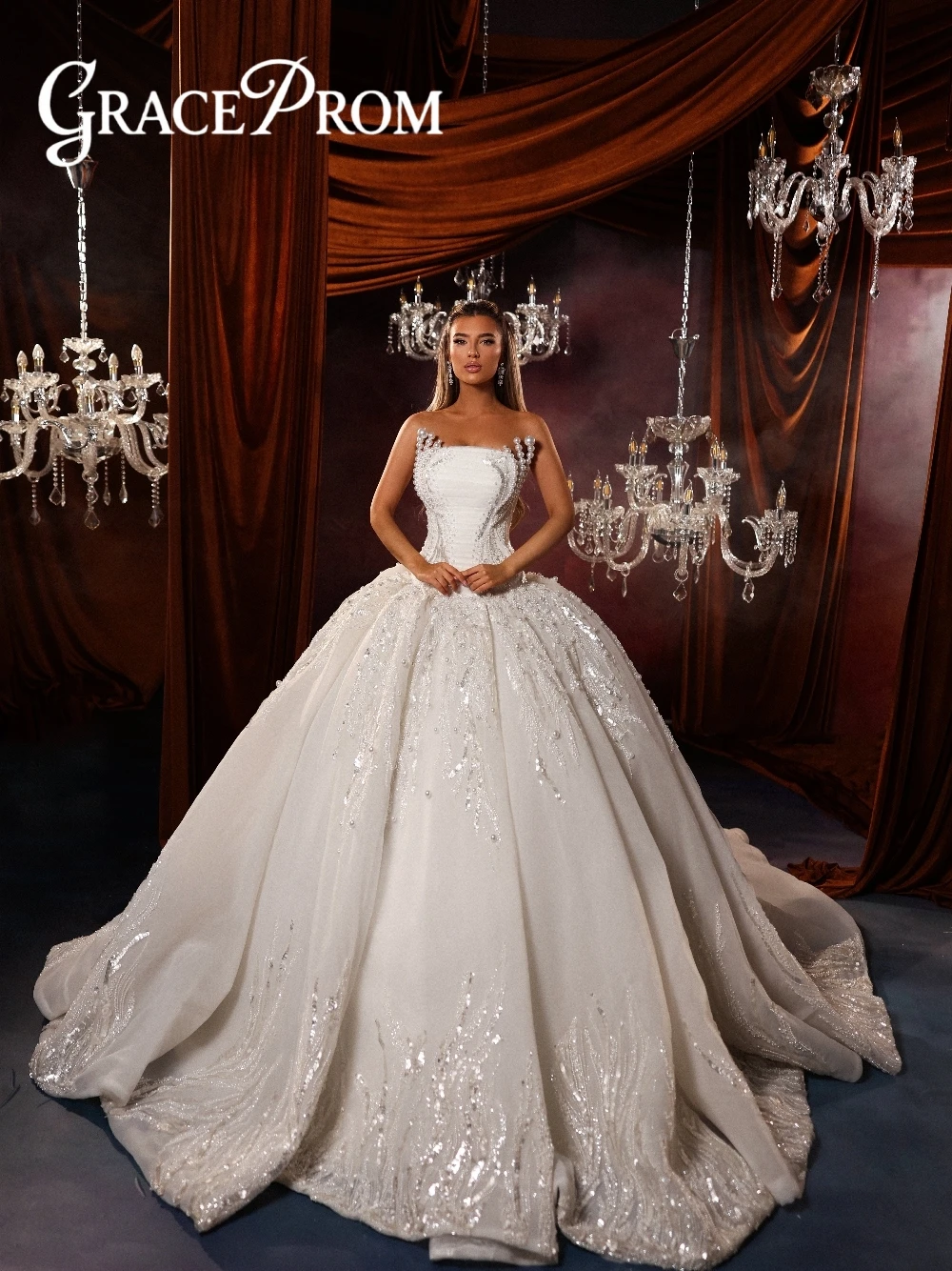 

Pearls Strapless Ball Gown For Women Newest Dazzling Wedding Dress Customized Fitted Waist Graceful Charming Bride Wear