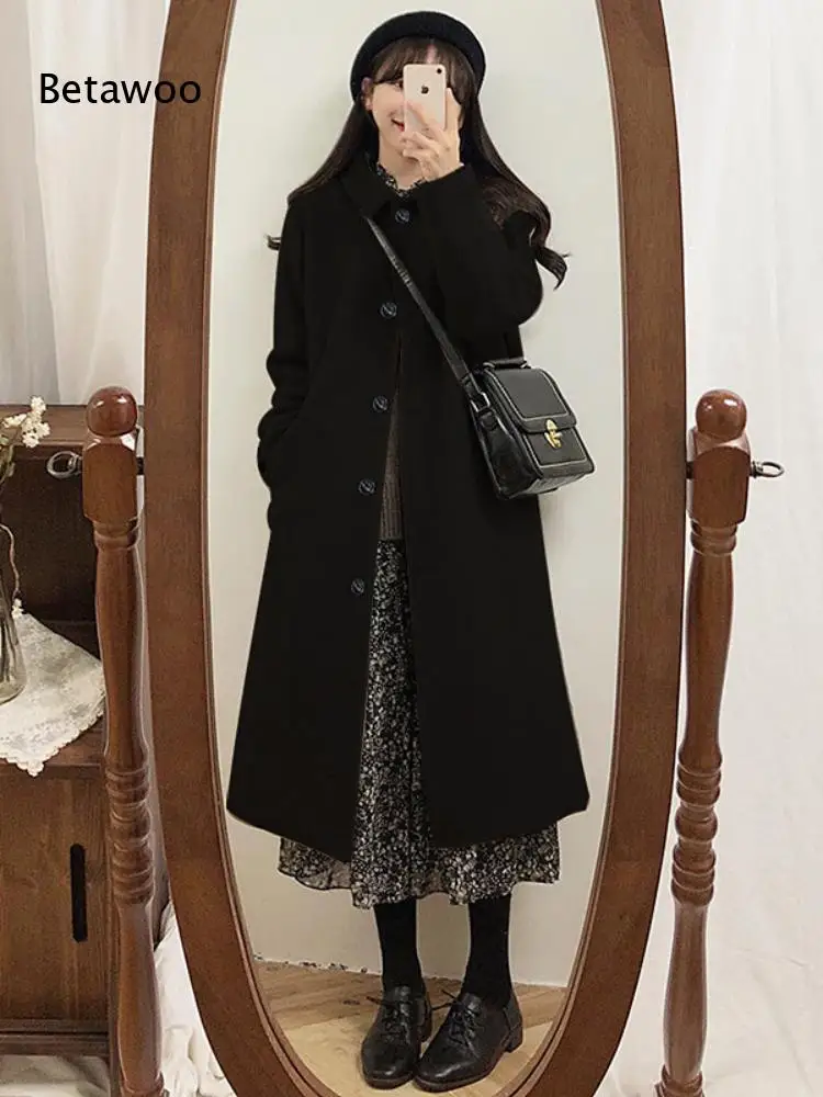 Women Solid Color Lapel Collar Single Breasted Blend Long Coat Loose Long Sleeve Mid Length Overcoat with Side Pockets