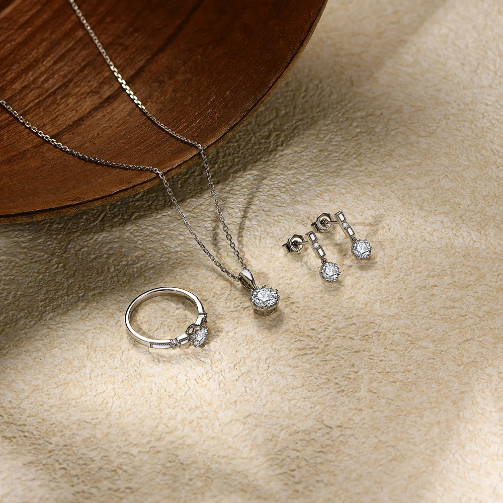 ATTAGEMS New 925 Sterling Silver Original Certified Moissanite Jewelry Sets Moissanite Earrings Rings Necklace Jewelry for Women