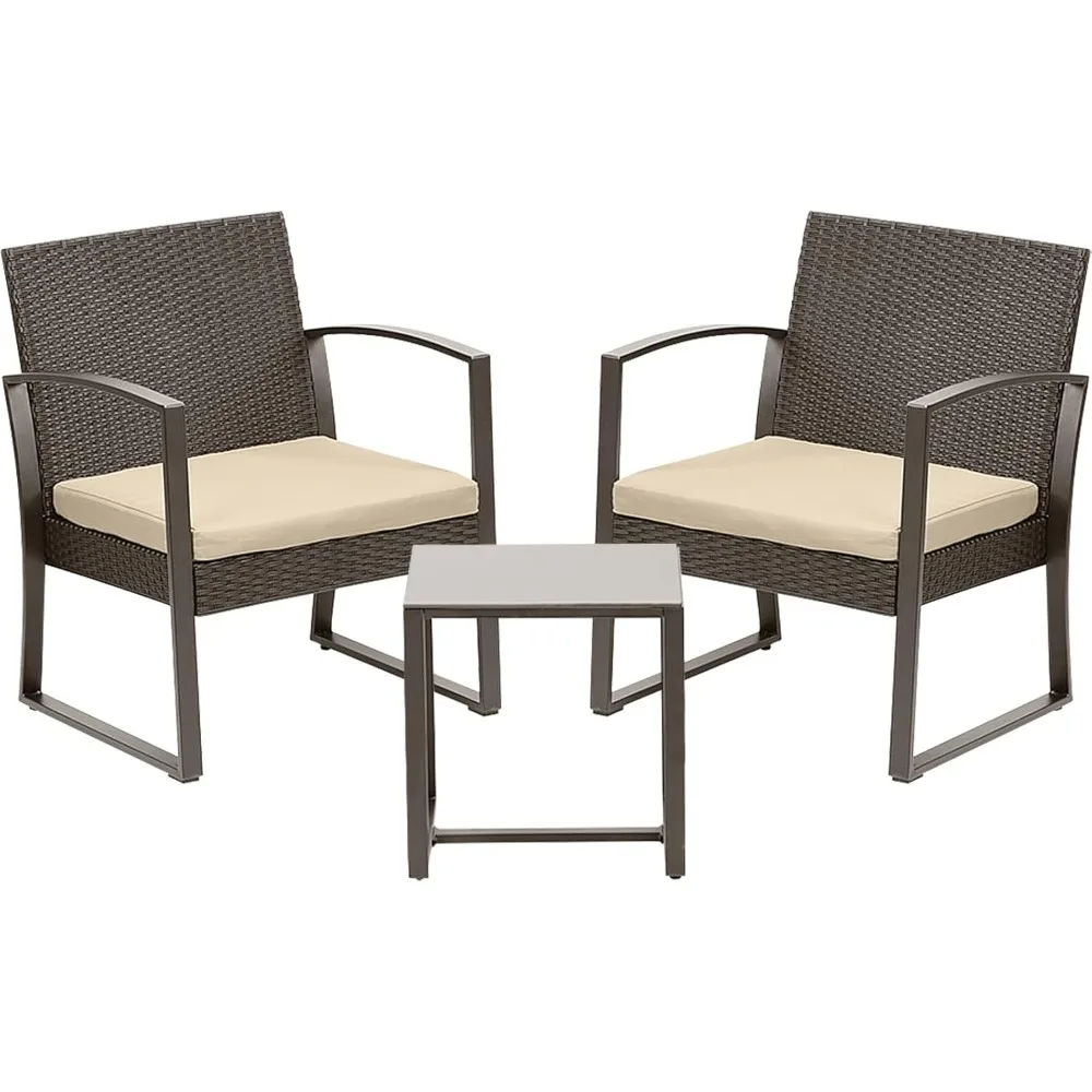 

3-Piece Outdoor Patio Furniture Set - Brown Wicker Chairs with Beige Cushions & Table for Garden, Poolside, or Backyard