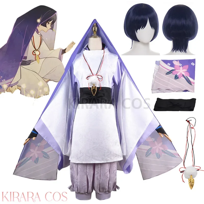 Scaramouche Cosplay Kostüm Perücke tiefblau Genshin Impact Cosplay Wanderer weiß Kimono Anzüge Kostüme komplettes Set