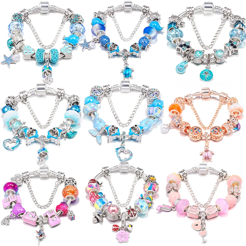 Blue Ocean Style Charm Bracelet Fits Diy Turtle Starfish Dolphin Beads Pendant For Women Childrens Jewelry Gift Dropshipping