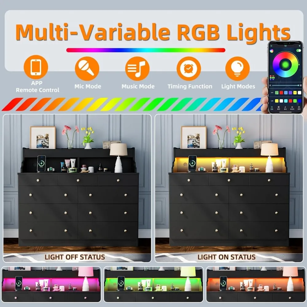 LED-beleuchtete Ladestation aus schwarzem Holz mit 9 Schubladen für Schlafzimmer und Sicherheit im Eingangsbereich