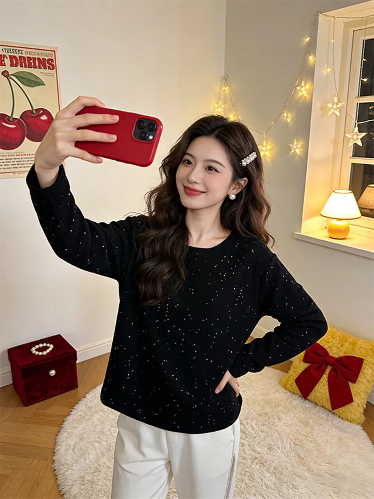 

Новинка 2026: Женский вязаный топ свободного кроя с длинным рукавом и круглым вырезом, украшенный стразами, для стройнящего эффекта