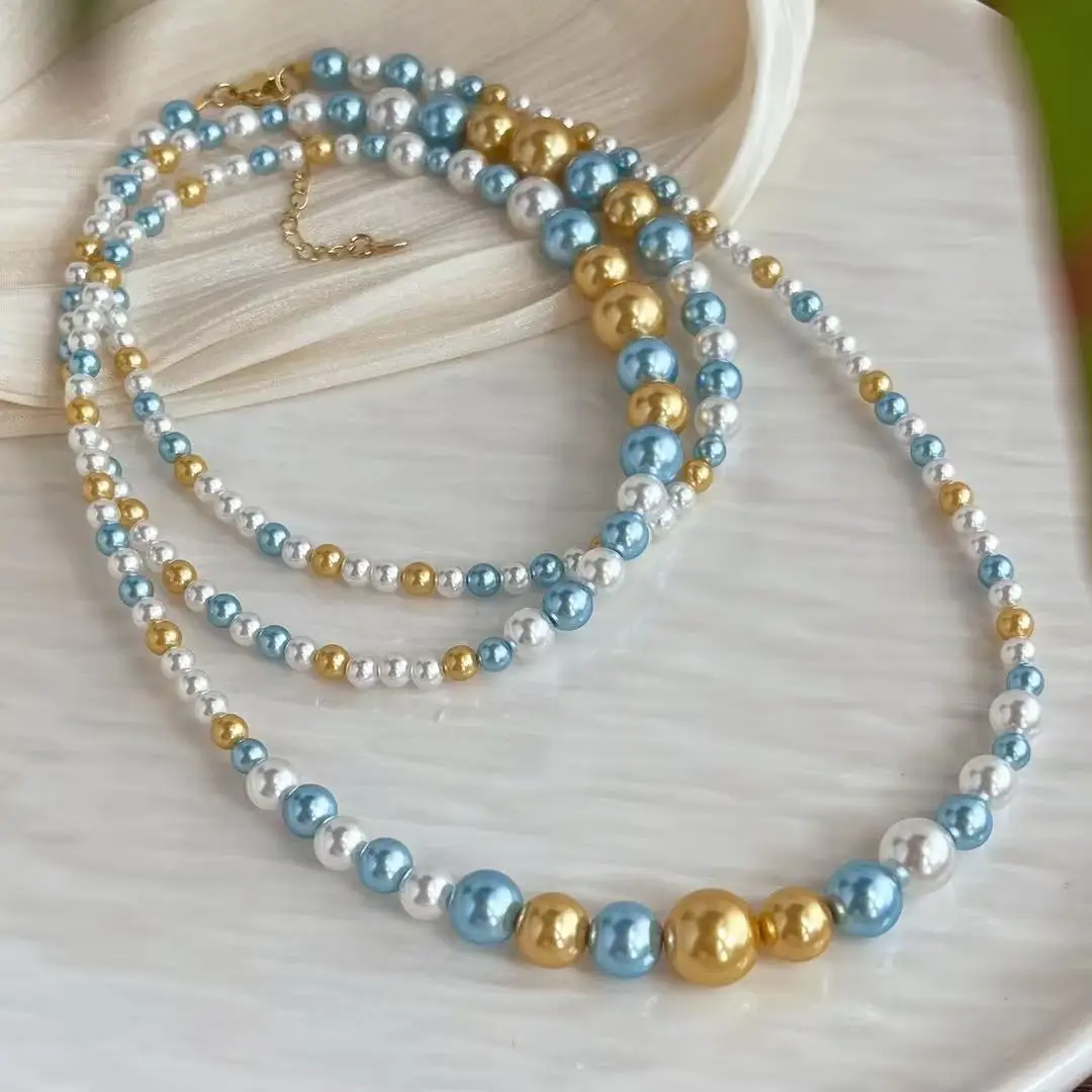 Vintage Blue Gold White High-Luster Smile Crystal Faux Pearl Sweater Necklace, Retro Colorful Long Layering Chain for Women